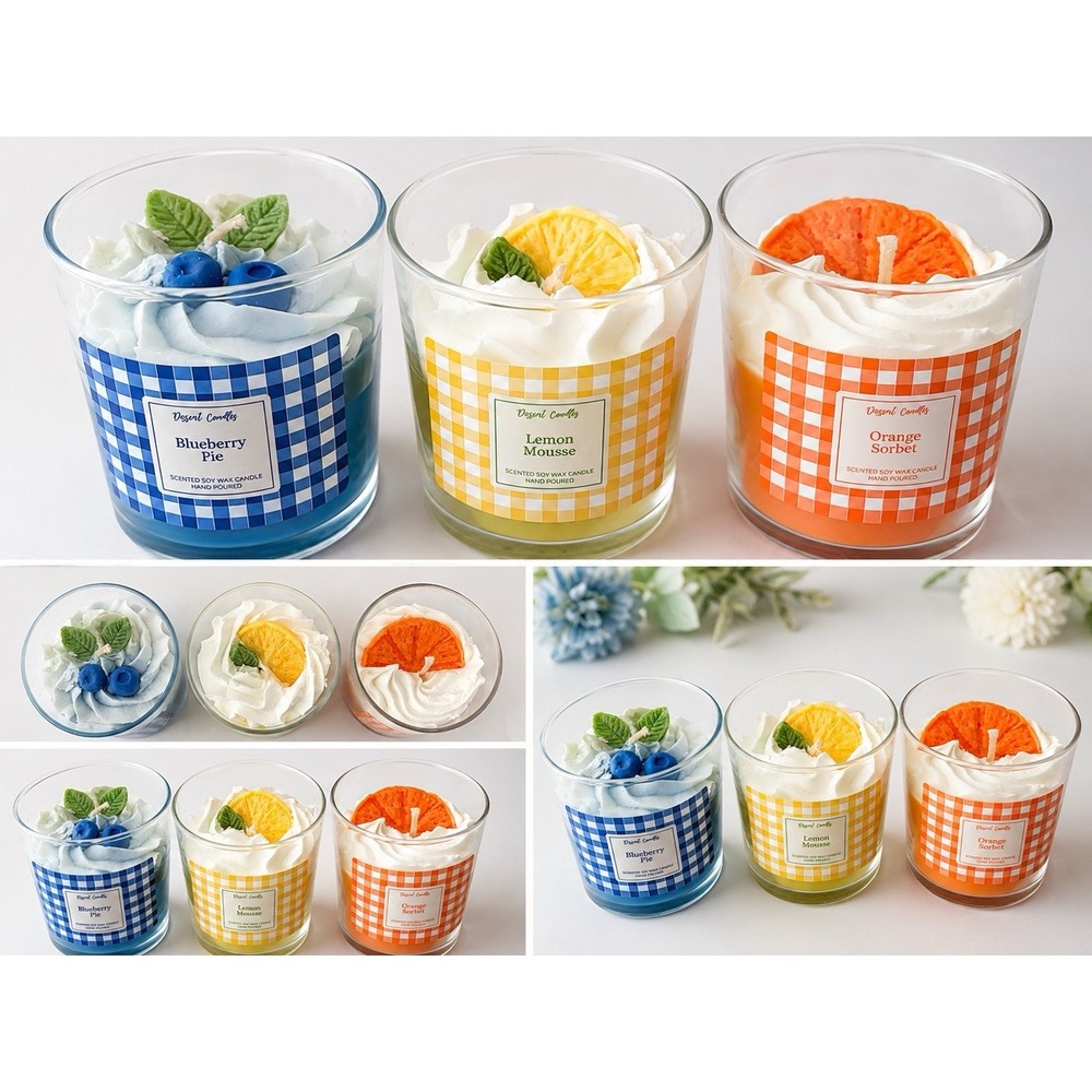 Dessert Candles Set of 3 Orange Sorbet Lemon Mousse Blueberry Pie 8oz Scented